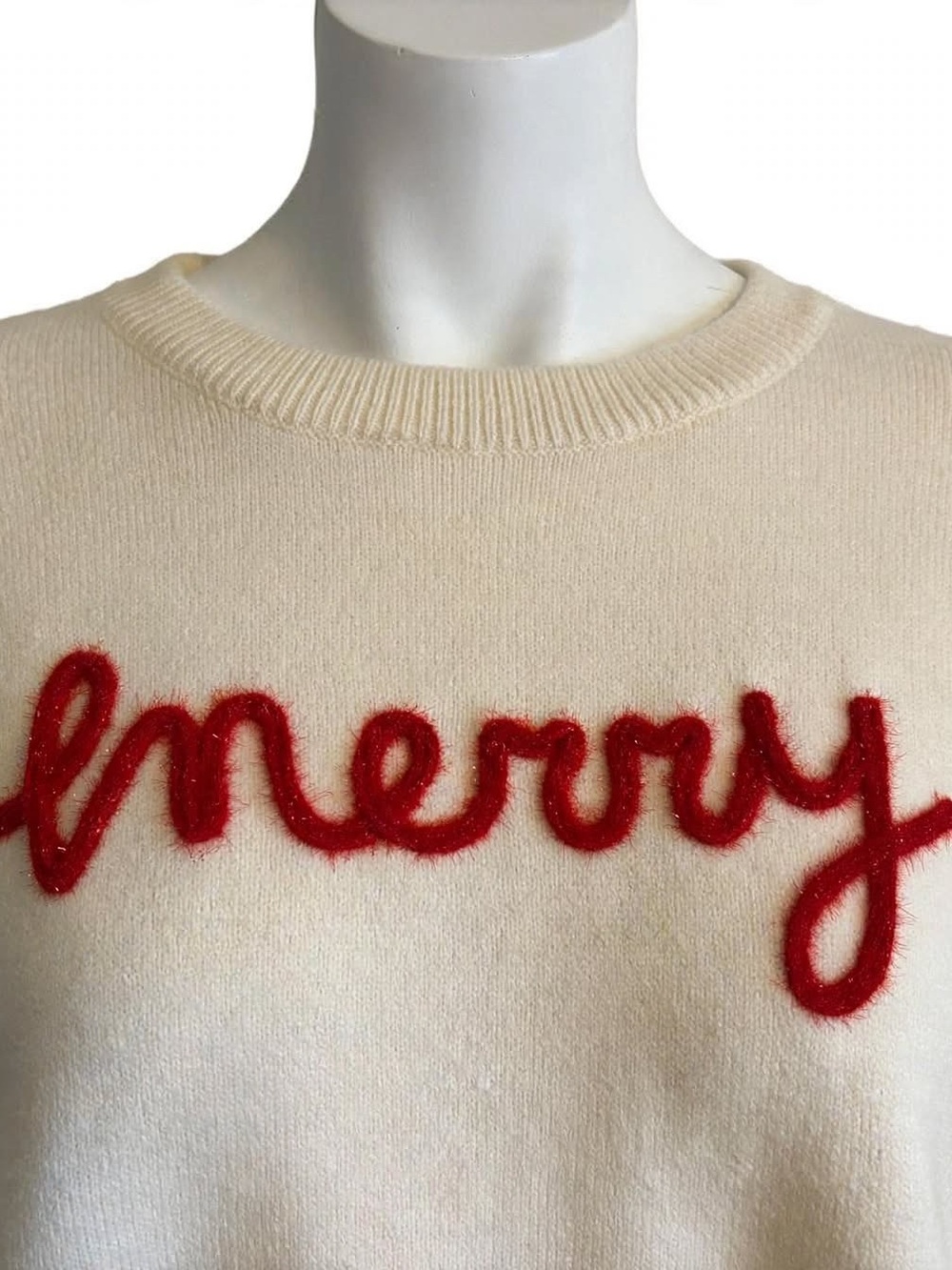 Merry Christmas Sweater XL Cream Red Tinsel Oversized Dropped Shoulder MS1223